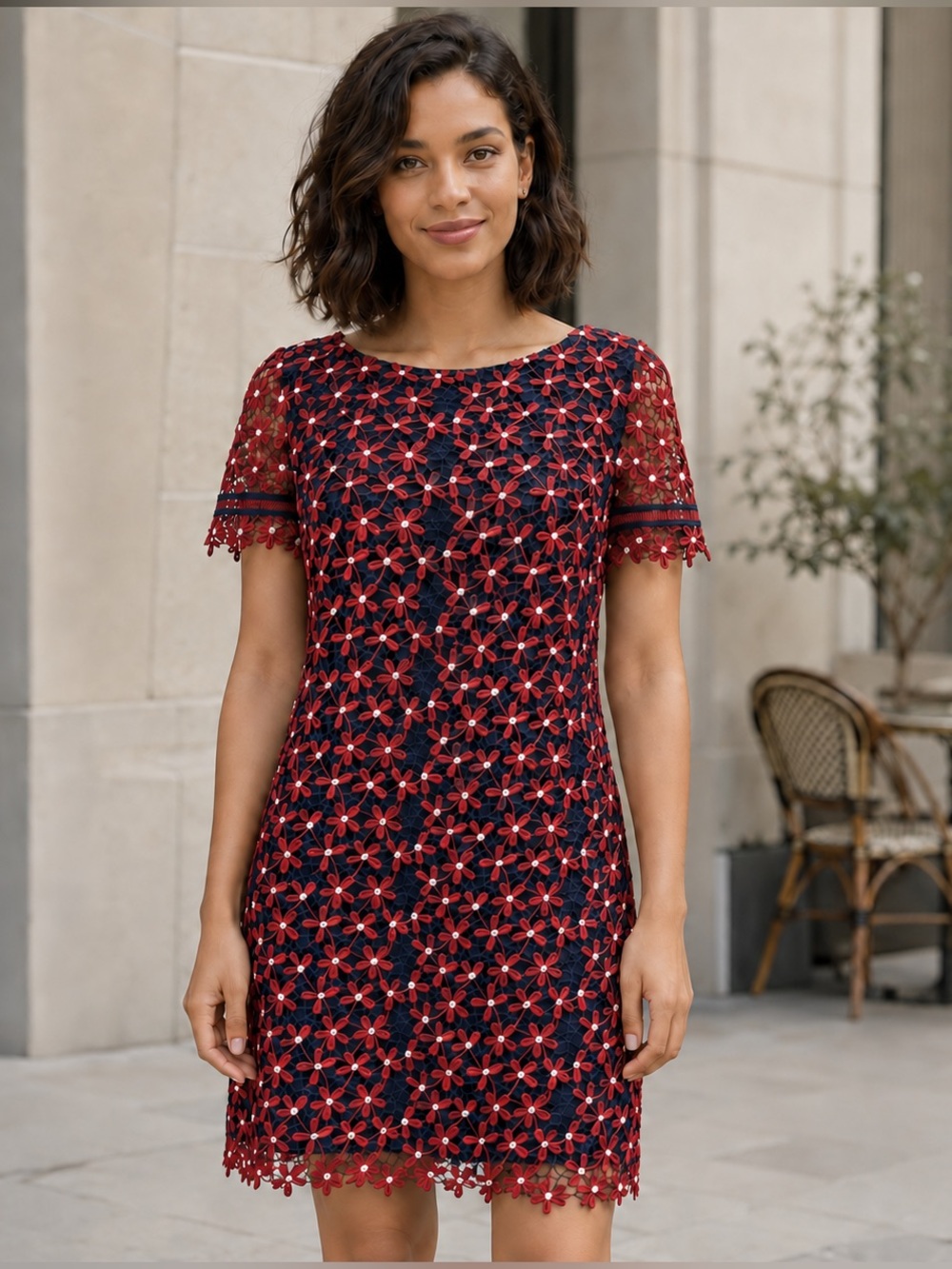 NWT Tahari ASL Red Navy Daisy Floral Lace Shift Dress 10 Wedding Guest Cocktail